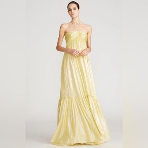 Halston silk and chiffon pale gold evening gown with halterneck and tiered hem
